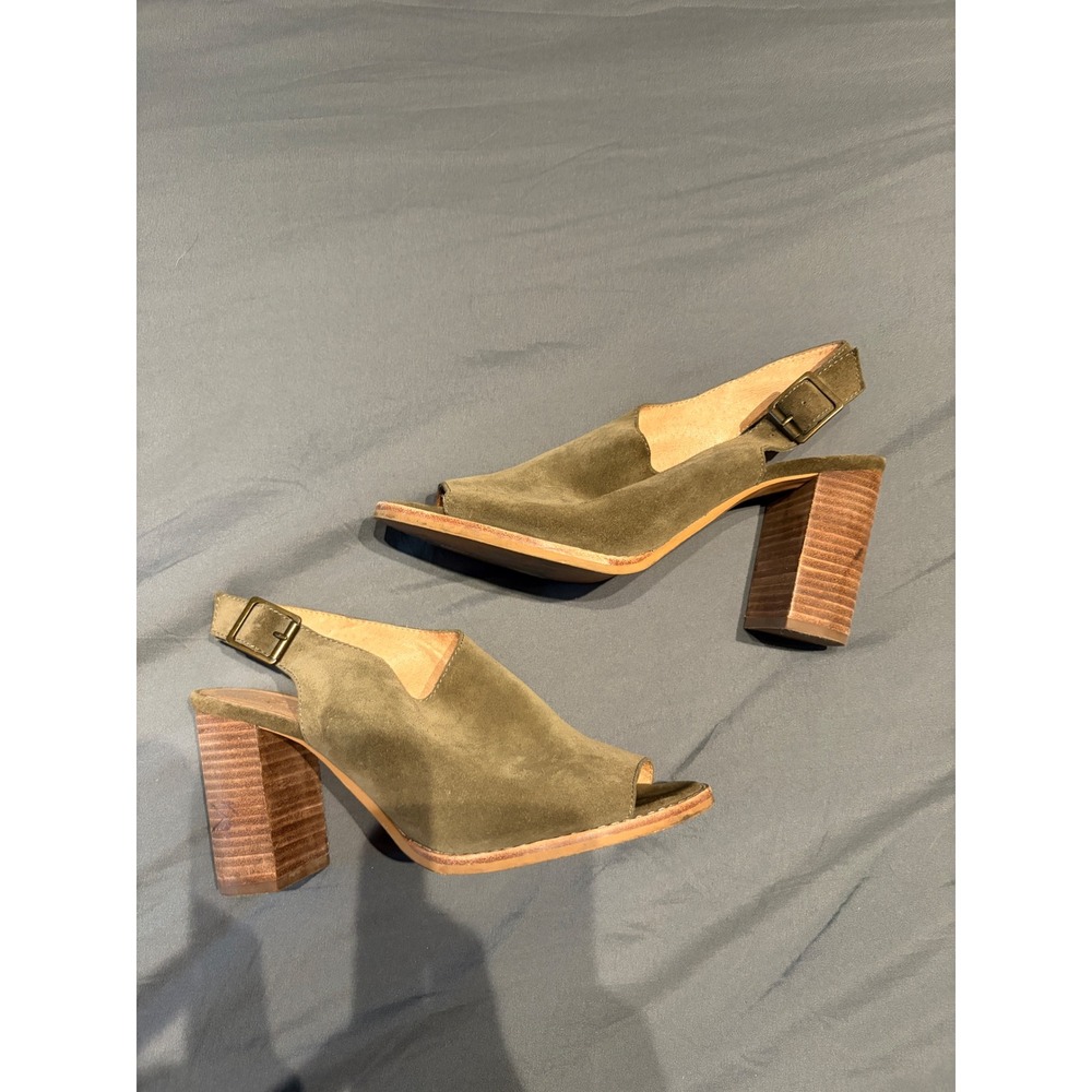 Madewell Olive Green Suede Slingback Peep Toe Block Heel Sandals Women Size 8